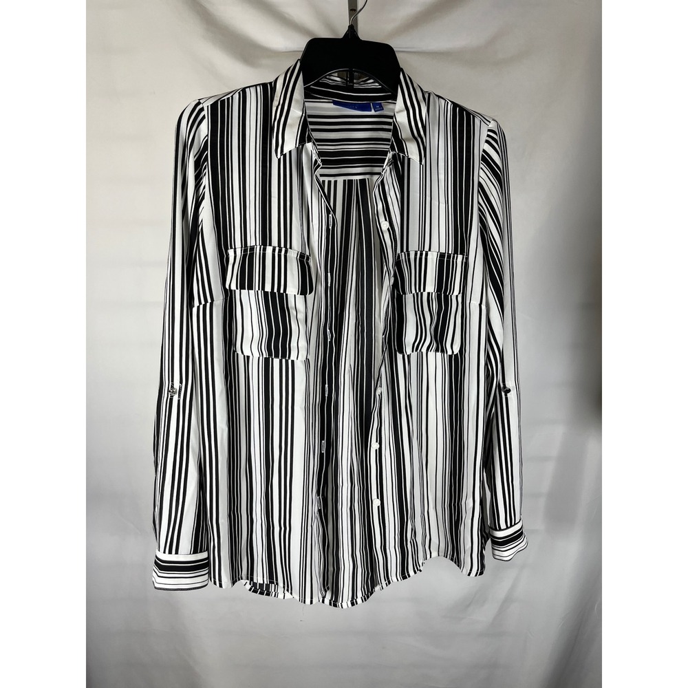 Apt. 9 Womens Black White Striped Roll Tab Sleeve Button Down Blouse Size Medium